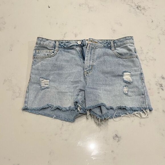 Avec Les Filles Women's Destructed Denim Shorts Sun Washed Blue Size 29 - Picture 3 of 7